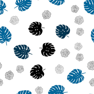 深蓝色矢量无缝自然图案与花叶。 闪烁的抽象插图与叶子和花。 窗帘窗帘的纹理。