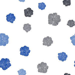 深蓝色矢量无缝天然艺术品与花卉。 白色背景上粗糙的涂鸦花。 织物壁纸设计图案。