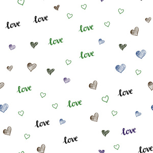 深蓝色绿色矢量无缝背景与短语爱你的心。 设计涂鸦风格与文字爱你的心。 名片网站模板。
