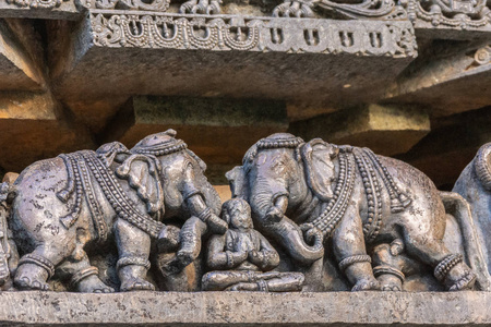 印度卡纳塔克邦Halebidu2013年11月2日希瓦霍伊萨莱斯瓦拉神庙。 特写雕像在主圣地的一侧，两头大象在瑜伽位置的一个人