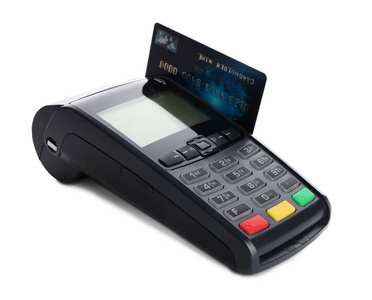 白色背景信用卡的现代支付终端。 文本空间