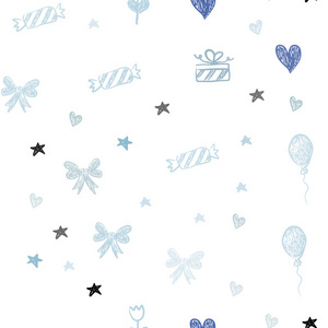 淡蓝色矢量无缝纹理在生日风格。 插图与五颜六色的心巴伦糖果礼物明星丝带。 嘉年华节日广告的图案。