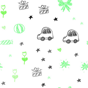 浅绿色矢量无缝纹理与生日礼物。 彩色插图与玩具车心巴伦郁金香糖球。 新年广告的模式。