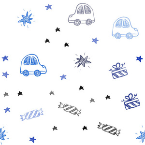深蓝色矢量无缝布局在新年风格。 抽象插图与玩具汽车巴伦糖果星球。 新年明信片的模板。