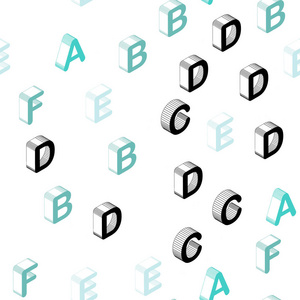 浅蓝绿色矢量无缝图案与三维ABC符号。 带有彩色3D拉丁字母的抽象插图。 窗帘窗帘的纹理。