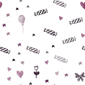 深紫色矢量无缝背景假日风格。 抽象插图与心巴伦糖果礼物明星丝带。 新年广告的模式。