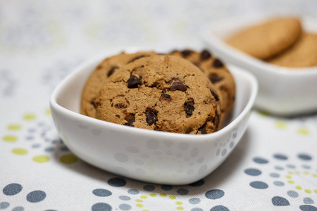 近距离观看两种不同种类的饼干，燕麦片和巧克力饼干在白色碗。