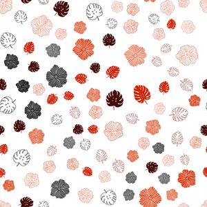 浅红色矢量无缝涂鸦布局与叶花。 彩色抽象插图与树叶涂鸦风格。 织物壁纸设计图案。