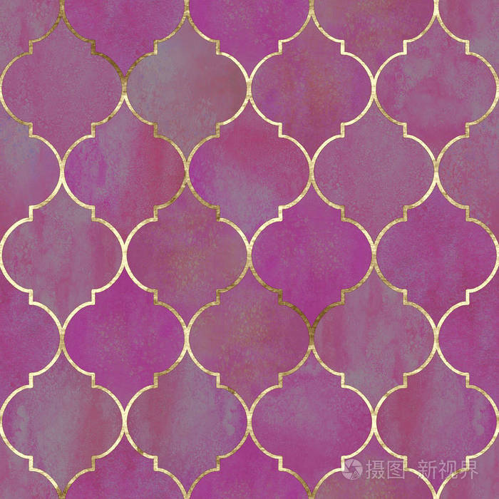 老式装饰摩洛哥无缝图案与黄金线. 水彩手绘明亮的粉红色背景.