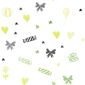浅绿色黄色矢量无缝纹理在生日风格。 闪亮的插图与心巴伦糖果礼物明星丝带。 新年明信片的模板。