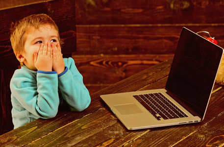 网络教育。小学的网络教育。小男孩在网上教育中使用笔记本电脑。儿童网络教育。加速进入未来