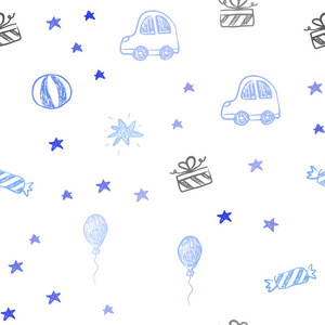 淡蓝色矢量无缝布局在新年风格。 抽象插图与玩具汽车巴伦糖果星球。 设计五颜六色的广告。