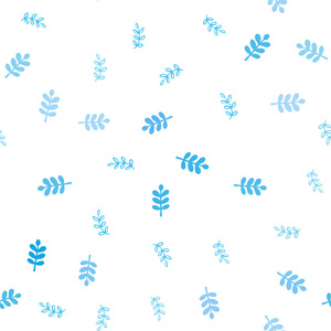 浅蓝色矢量无缝涂鸦纹理与叶子。 抽象模板上带有涂鸦的装饰插图。 壁纸面料制造商的设计。