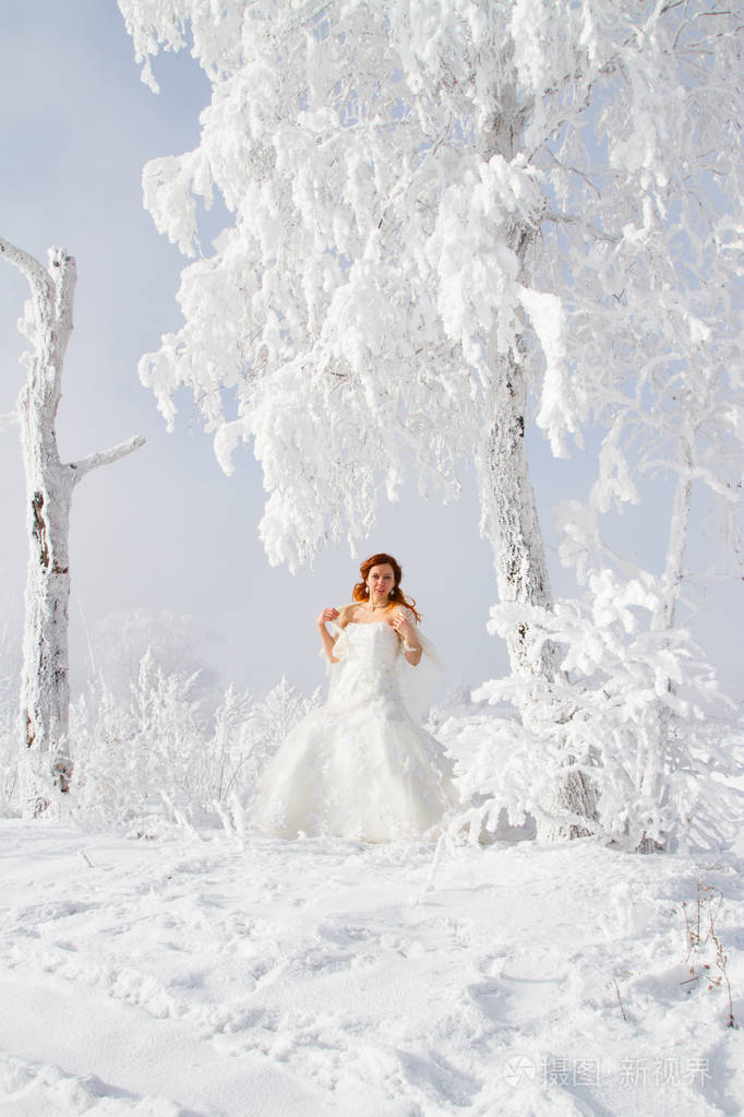新娘在霜树的背景下。 冬季肖像画
