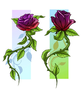 图形详细的卡通紫罗兰和红玫瑰花与茎和叶。 在白色背景上。 矢量图标集。 第二卷 2