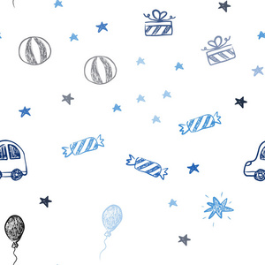 深蓝色矢量无缝背景在假日风格。 闪亮的插图与玩具汽车巴伦糖果星球。 新年明信片的模板。