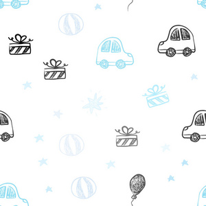 淡蓝色矢量无缝布局在新年风格。 彩色插图与玩具汽车巴伦糖果星球。 新年明信片的模板。
