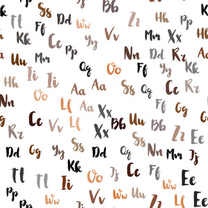 浅橙色矢量无缝背景与英语符号。 模糊设计在简单的风格与字母表的标志。 壁纸面料制造商的设计。