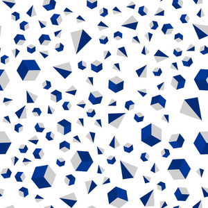 深蓝色矢量无缝等距盖与三角形矩形。 抽象插图与彩色线条立方体。 壁纸面料制造商的设计。