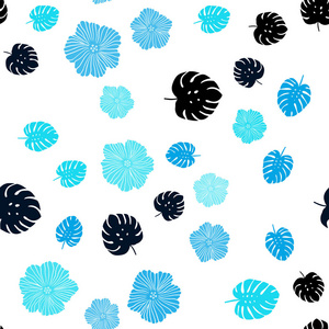 深蓝色矢量无缝抽象背景与花叶。 折纸风格的叶子和花的涂鸦插图。 纺织品壁纸设计。