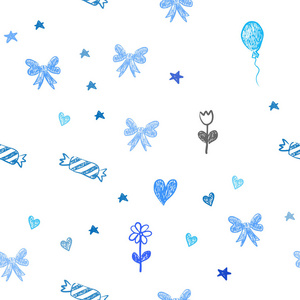 浅蓝色矢量无缝图案的圣诞风格。 闪亮的插图与心巴伦糖果礼物明星丝带。 生日礼物的图案。
