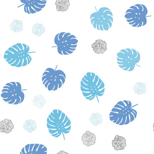 浅蓝色矢量无缝涂鸦背景与花叶。 在白色背景上以自然的风格留下花。 名片网站模板。
