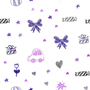 浅紫色粉红色矢量无缝纹理与生日礼物。 彩色插图与玩具车心巴伦郁金香糖球。 生日礼物的图案。