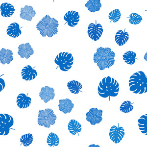 浅蓝矢量无缝涂鸦图案与花，叶..在抽象模板上用涂鸦说明。模板为名片，网站..
