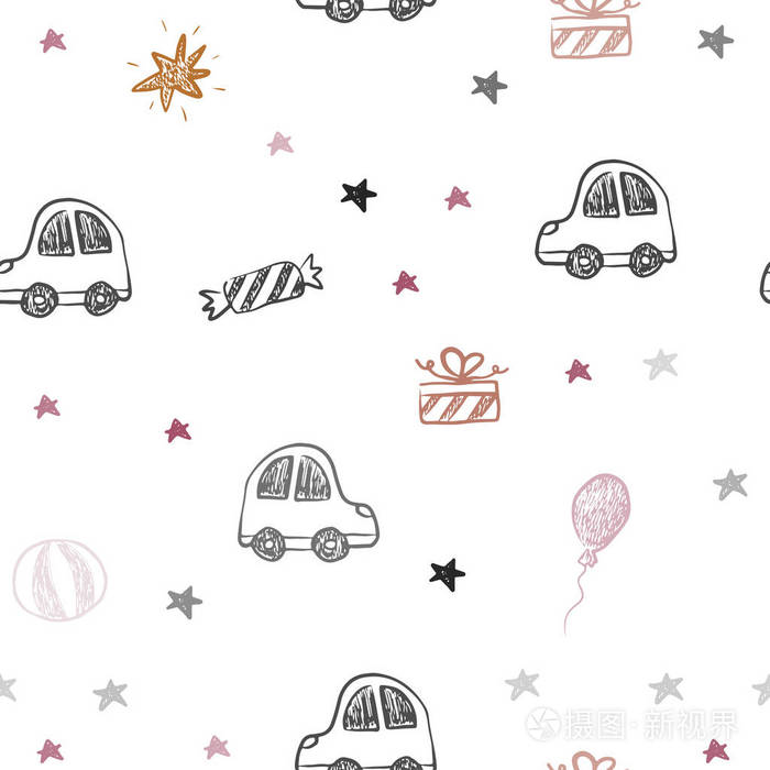 圣诞节风格的浅色多色矢量无缝图案。闪亮的插图与玩具汽车，巴伦，糖果，明星，球。新年明信片模板。