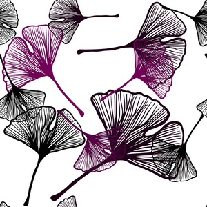 深色粉红，蓝色矢量无缝涂鸦图案与叶子。现代几何抽象插图与树叶。窗帘，窗帘的纹理。