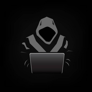 黑客图标男子帽衫与笔记本平板隔离在黑暗背景矢量插图照片