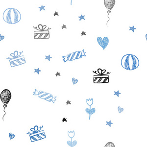 淡蓝色矢量无缝纹理在生日风格。 抽象插图与心巴伦糖果礼物明星丝带。 假日广告的设计。