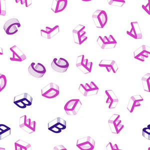 浅紫色矢量无缝模板与三维孤立字母。 彩色梯度设计的3D风格与标志的字母表。 时尚面料壁纸的图案。