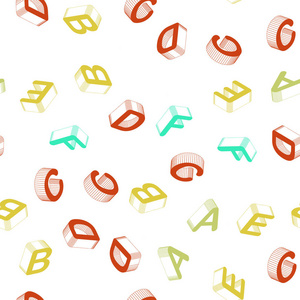 浅绿色黄色矢量无缝纹理与三维ABC字符。 带有彩色3D拉丁字母的抽象插图。 壁纸面料制造商的设计。