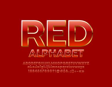矢量光泽红色字体。 豪华字母字母数字和符号。