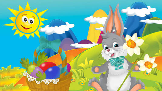 卡通快乐复活节兔子与美丽的花朵自然春天背景插图儿童