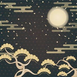 日本黄金几何背景与松树月亮和纸屑