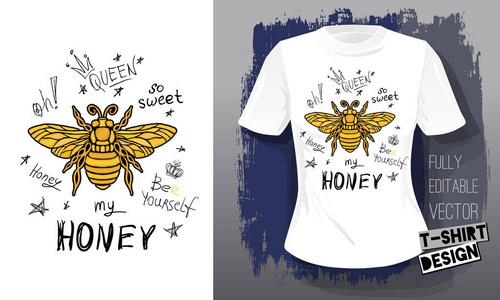 蜜蜂金色刺绣皇后皇冠纺织面料刻字金翼昆虫 t恤设计。手绘矢量蜜蜂豪华时尚刺绣风格