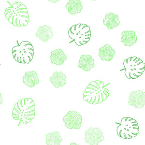 浅绿色矢量无缝抽象背景与花叶。 闪耀的彩色插图与叶子和花。 织物壁纸设计图案。