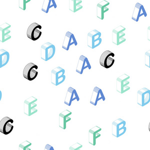 浅蓝绿色矢量无缝纹理与三维ABC字符。 用孤立的字母闪耀着五颜六色的三维插图。 名片网站模板。