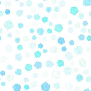 浅蓝绿色矢量无缝涂鸦图案与叶花。 一幅优雅明亮的插图，有叶子和花。 织物壁纸设计图案。