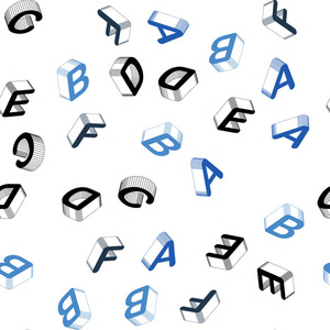 浅蓝色矢量无缝背景与三维标志的字母表。 带有彩色3D拉丁字母的抽象插图。 纺织品壁纸设计。