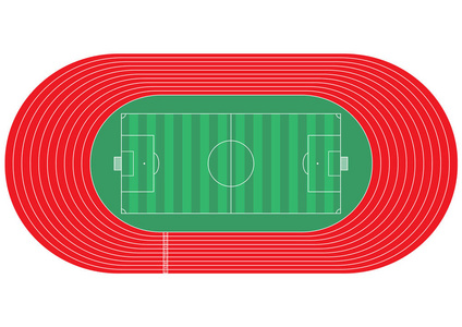 俯视足球场白色背景下跑步跑道和足球场的俯视图照片