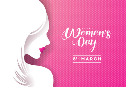 快乐的妇女日花卉贺卡设计。国际女性假日插图与妇女剪影和印刷字母设计粉红背景。矢量国际3月8日模板