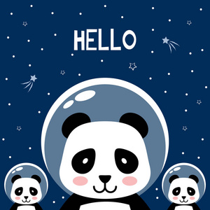 熊猫在外层空间打招呼。 矢量打印可爱的卡通矢量插图。