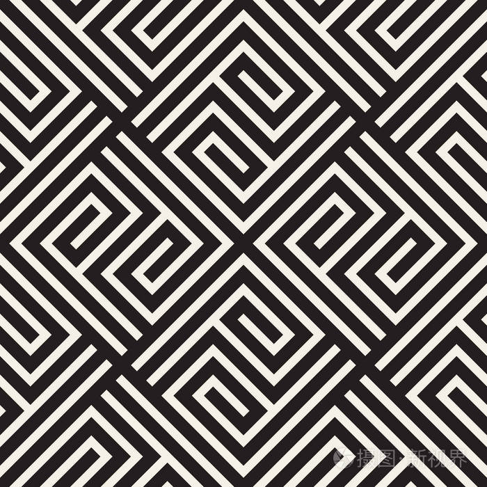 带有螺旋线的抽象图案.矢量无缝几何平铺背景.黑白线性格子设计