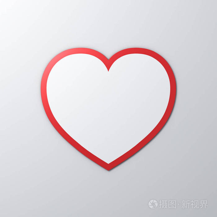 空白白色心纸贴纸红色边缘和白色墙壁背景上的阴影用于情人节卡片背景