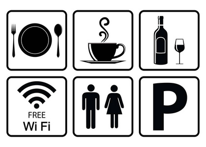 餐厅顾客图标，酒精允许标志，免费WiFi标志，洗手间标志，停车场标志