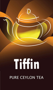 红茶包装设计模板与闪亮茶壶基于虚拟茶品牌名称Tiffin。 矢量插图