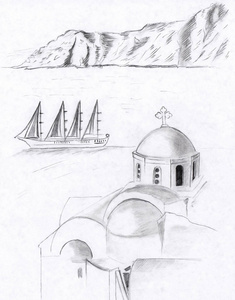 内部的一座寺庙的肖像一座有圆形圆顶的大神秘建筑教会与圣托里尼岛的